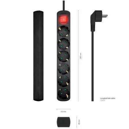 Aisens Regleta de 6 Tomas con Interruptor, Cable 1,4 m, Negro